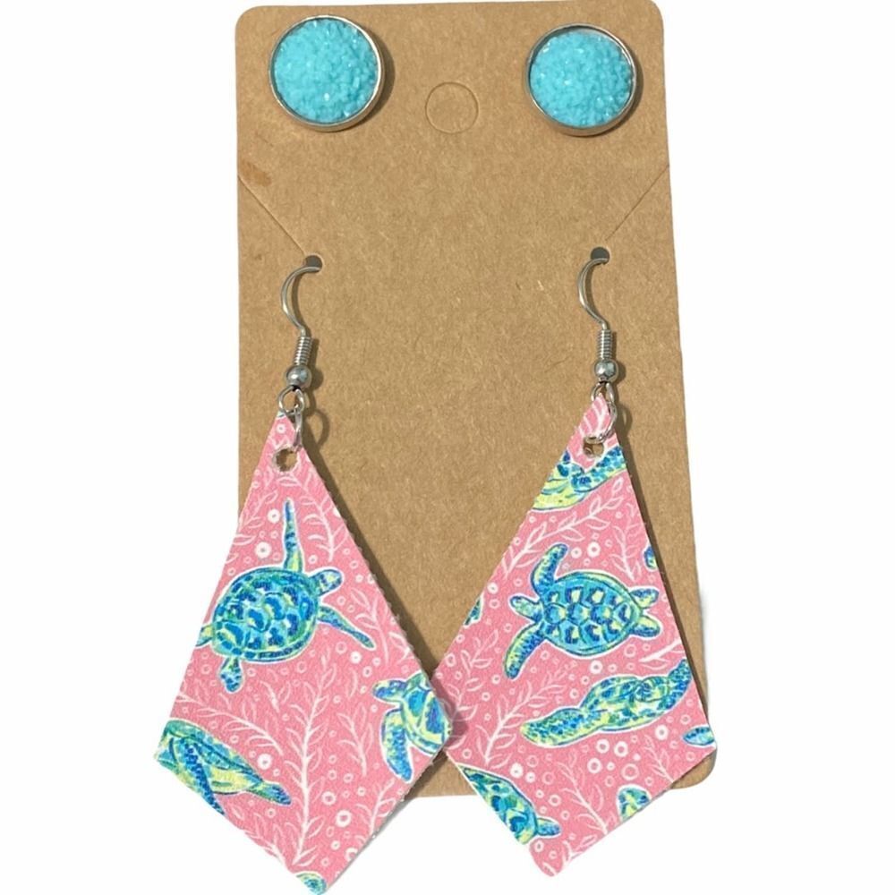 Sea Turtle Pink Dangle Earrings Blue Druzy Stud‎